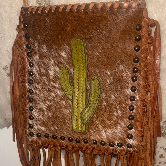 Western Brown Leather Crossbody Bag with Cactus Design - Picture 3 of 5